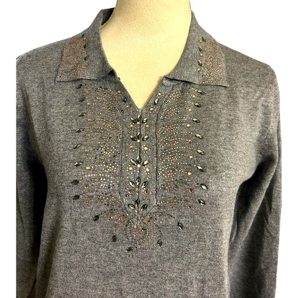 Cashmere Wool Blend Gray Beaded Rhinestone Embellished Womens Sweater M/L ? - Picture 1 of 9
